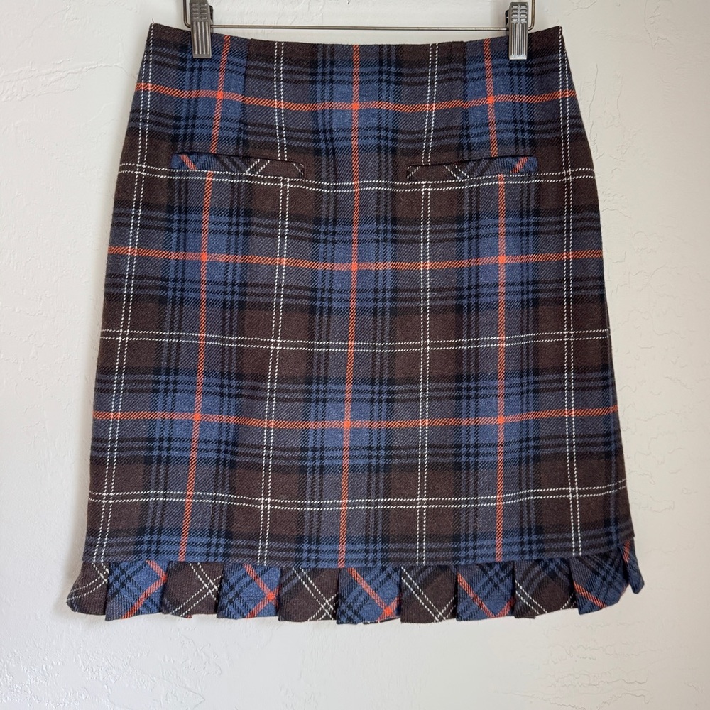 CAbi Women's Dark Brown and Blue Plaid Wool Midi Skirt Size 8‎